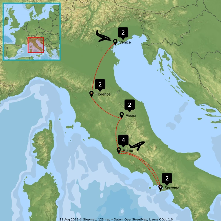 The Treasures of Italy Tour - Map